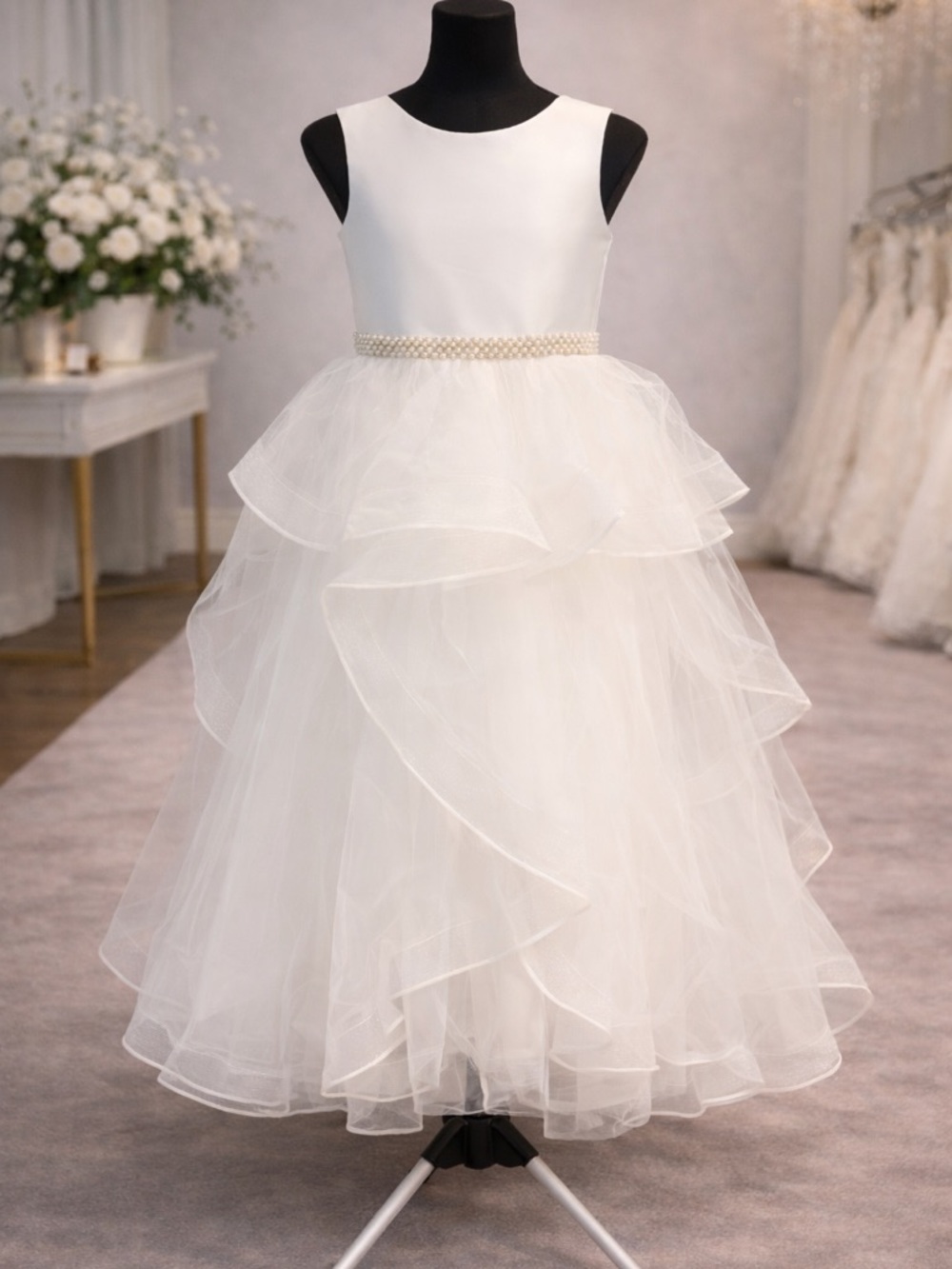 Ivory Girls' Formal Ruffle Tulle Dress with Pearl Waist